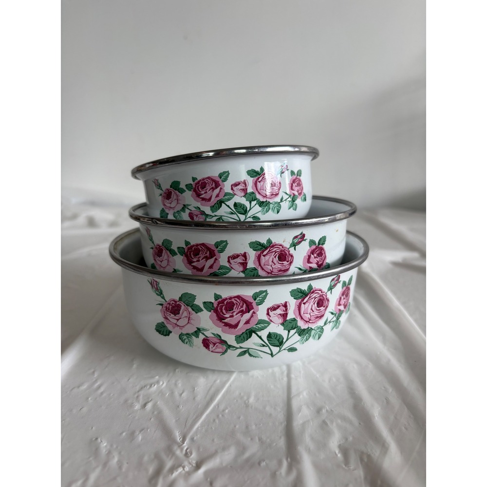 Vintage Enamelware Nesting Mixing Bowl Set White Pink Roses Floral 3 Piece